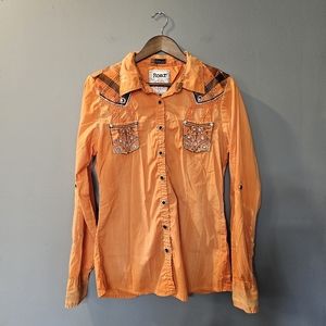 ROAR Asha Orange Rhinestone/Embroidered Rodeo Button Up Western Shirt Womens S L
